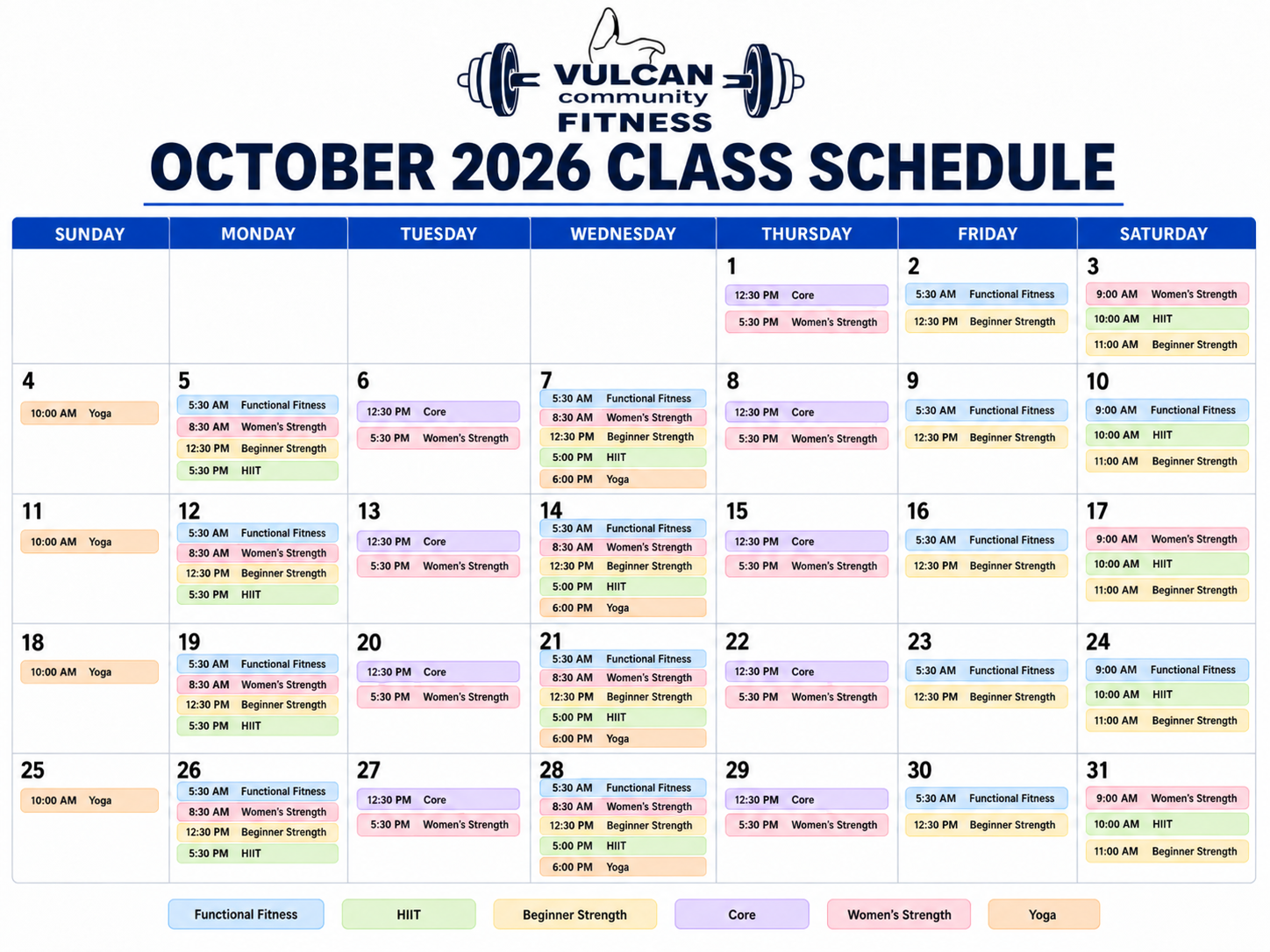 October 2026 Vulcan Community Fitness class schedule